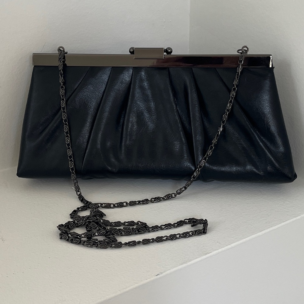 GUNNE SAX Black Pleated Evening Bag Pewter Tone Hardware Chain Strap or Clutch